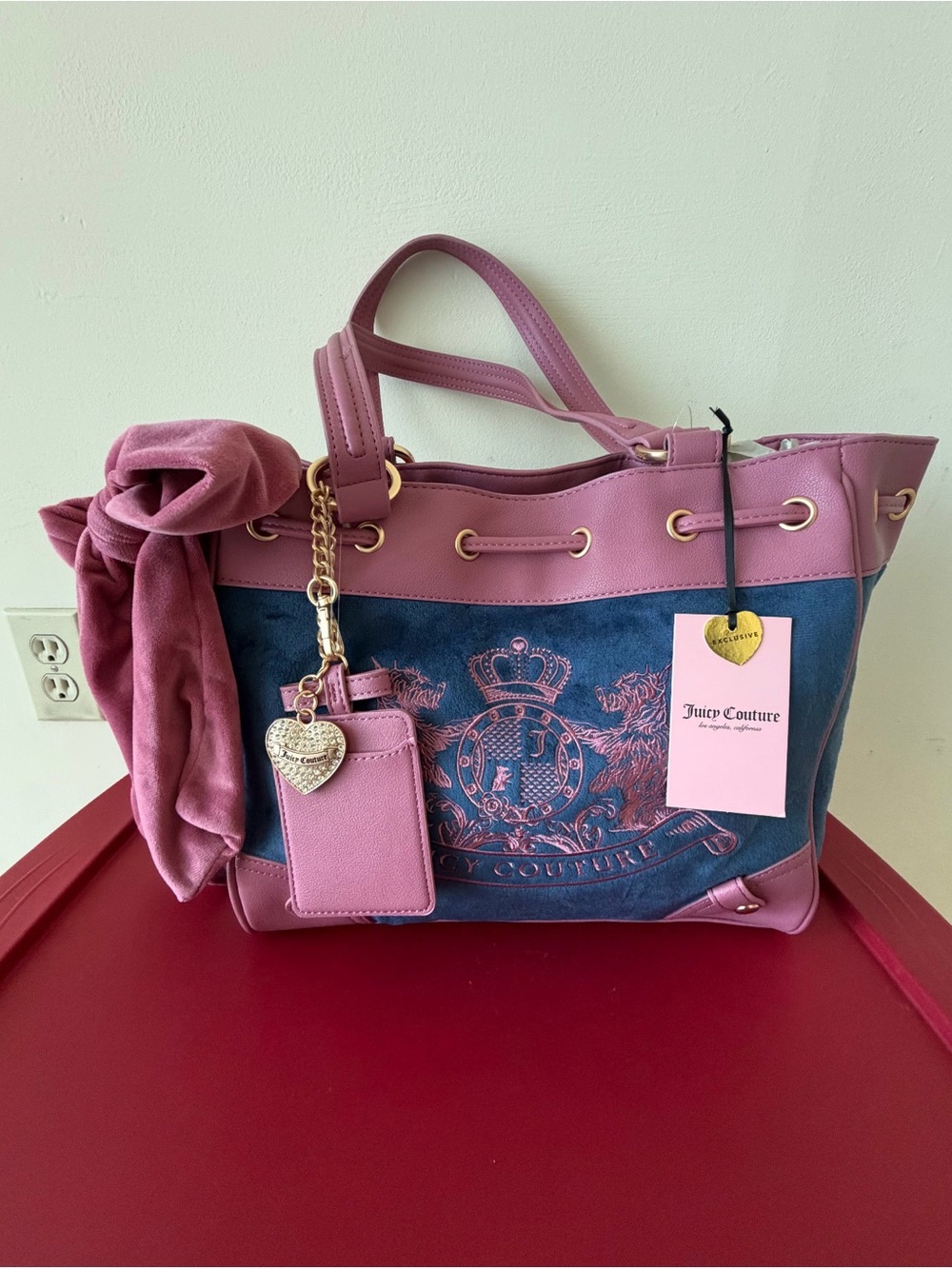Juicy Couture Pink and Blue Crest Tote with Heart Charm
